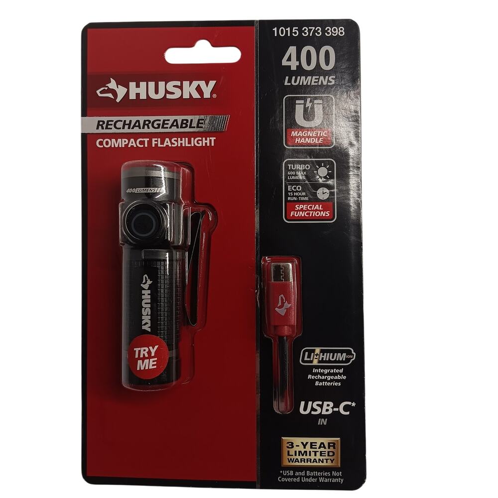 Husky 400 Lumens Rechargeable Compact EDC Flashlight USB-C Magnetic Clip